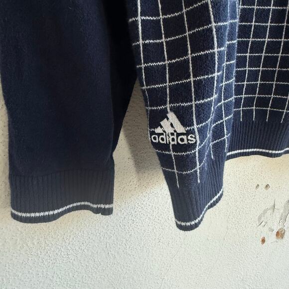Adidas Sweater Mens L V-Neck Pullover Navy Grid Check Tenniscore Preppy Retro - Picture 4 of 7